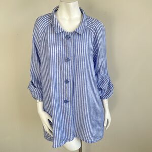 Boho Chic Women's L Coastal Striped Linen Tunic Top Resort Summer Vacation Shirt